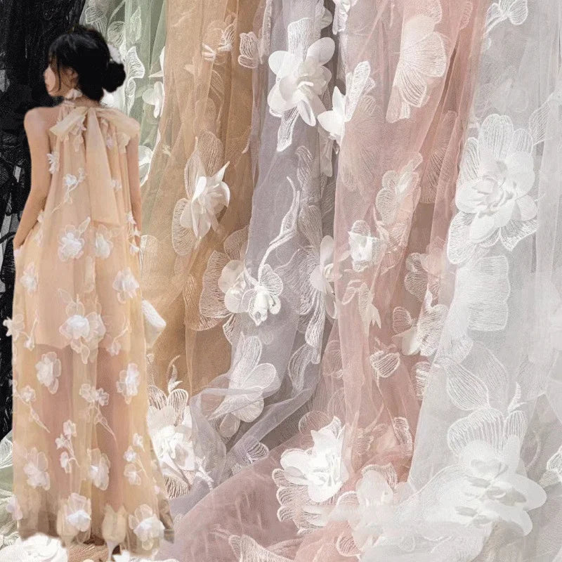 Custom Made French Romantic Style Bride Tulle Polyester White Color Tulle Mesh 3D Flower Embroidered Fabric for Bridal Dress