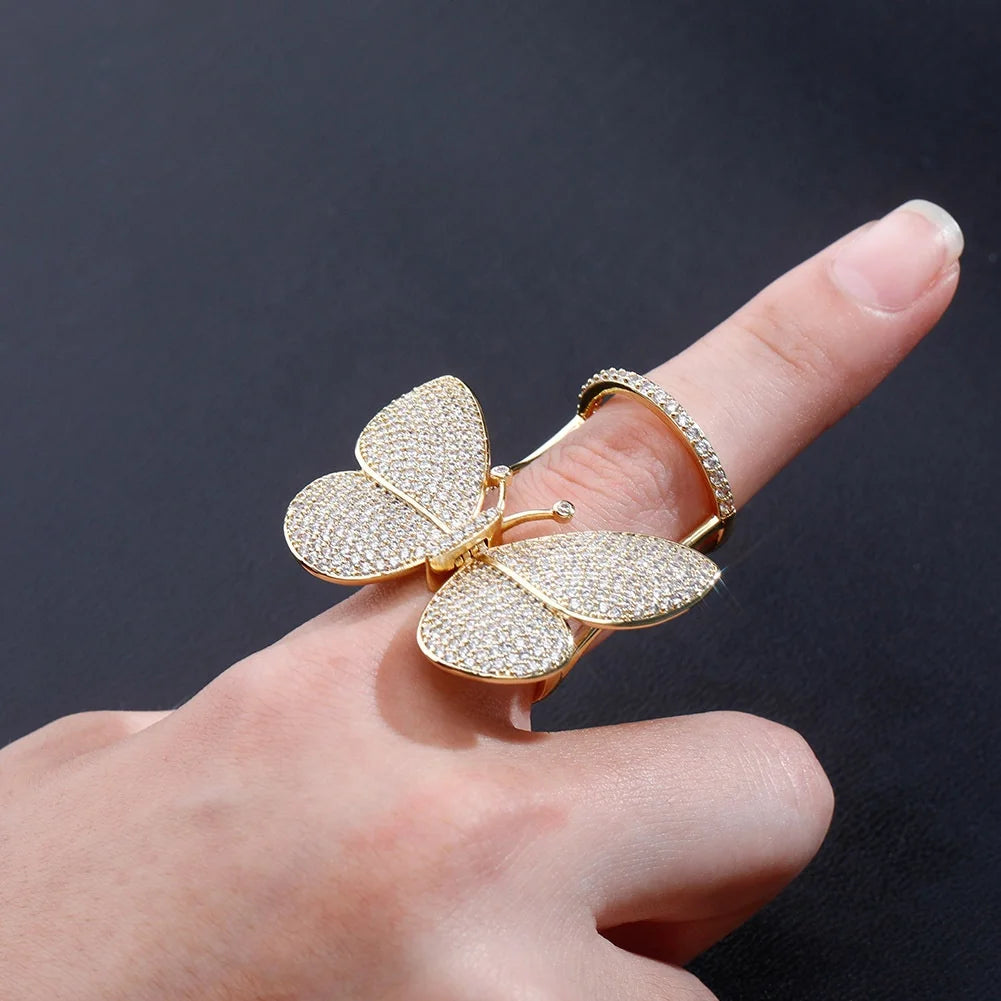 Luxury Design Clear Butterfly Open Women Rings Iced Out Micro Cubic Zircon Brass Gold Plated Female Ladies Shiny Finger Jewelry
