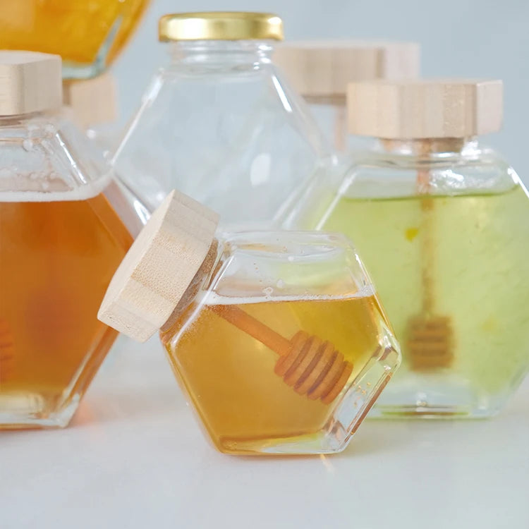 Empty Clear 100Ml 220Ml 380Ml Hexagon Glass Honey Container With Lid Glass Honey Jar