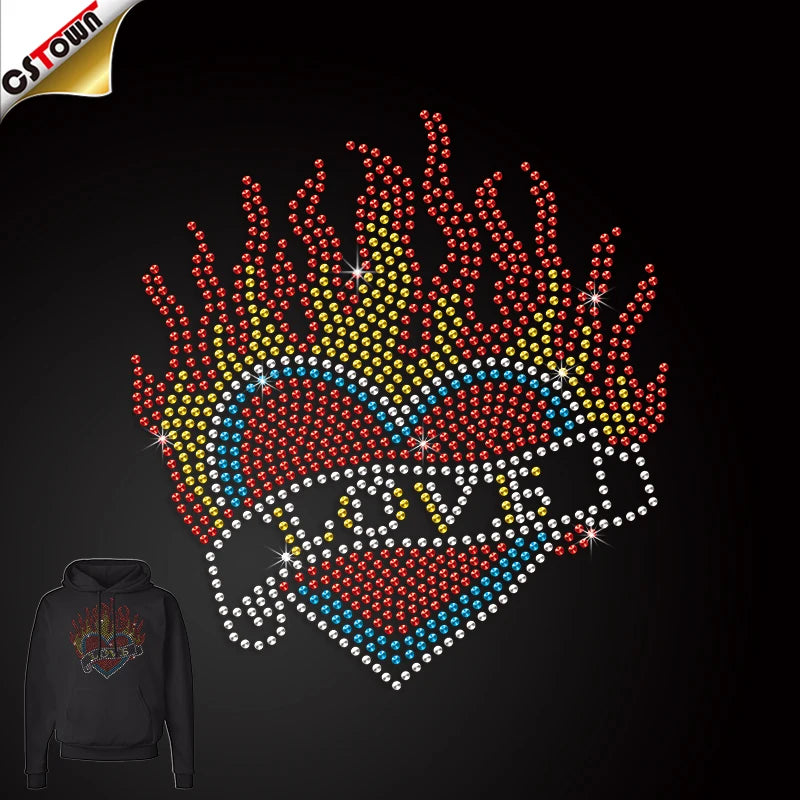 Hot Sale Product Hot Love Heart Strass Transfers Rhinestone Custom Iron on