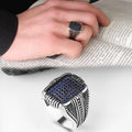 Azuris Turkish 925 Sterling Silver Men's Ring Ottoman Style Jewelry with Natural Agate Stone Made in Turkey VALKH1280