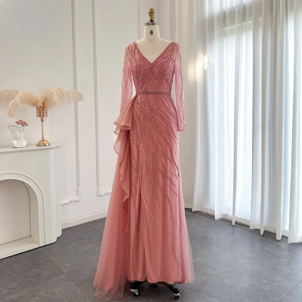 Jancember SZ118 Elegant Long Sleeve Sequins Belt Mermaid Evening Formal Dresses