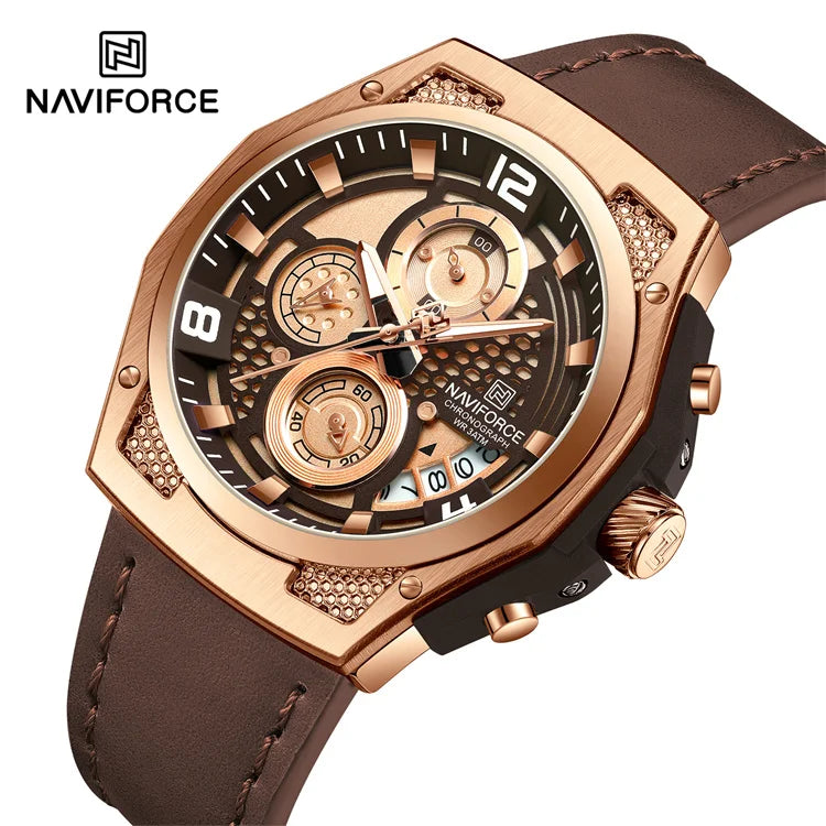 NAVIFORCE 8051L Men Quartz Watch Genuine Leather Strap Chronograph Calendar Wristwatch Sport Waterproof Watches