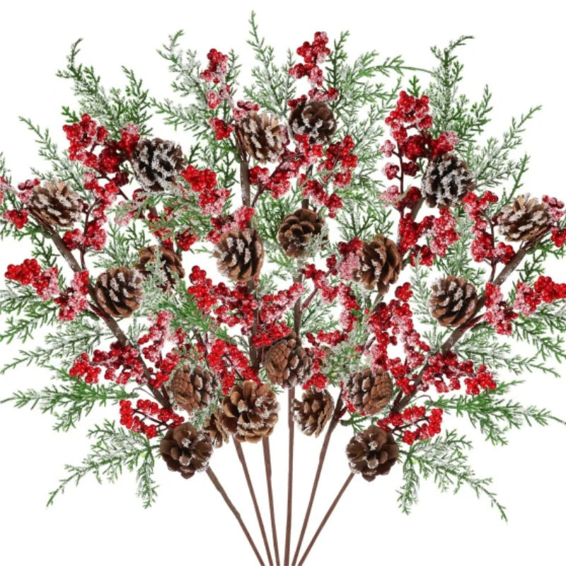 Christmas Frosted Red Berries Pine Cones Picks Branches Artificial Branch Craft Winter Holiday Floral Holly Stem for DIY Xmas