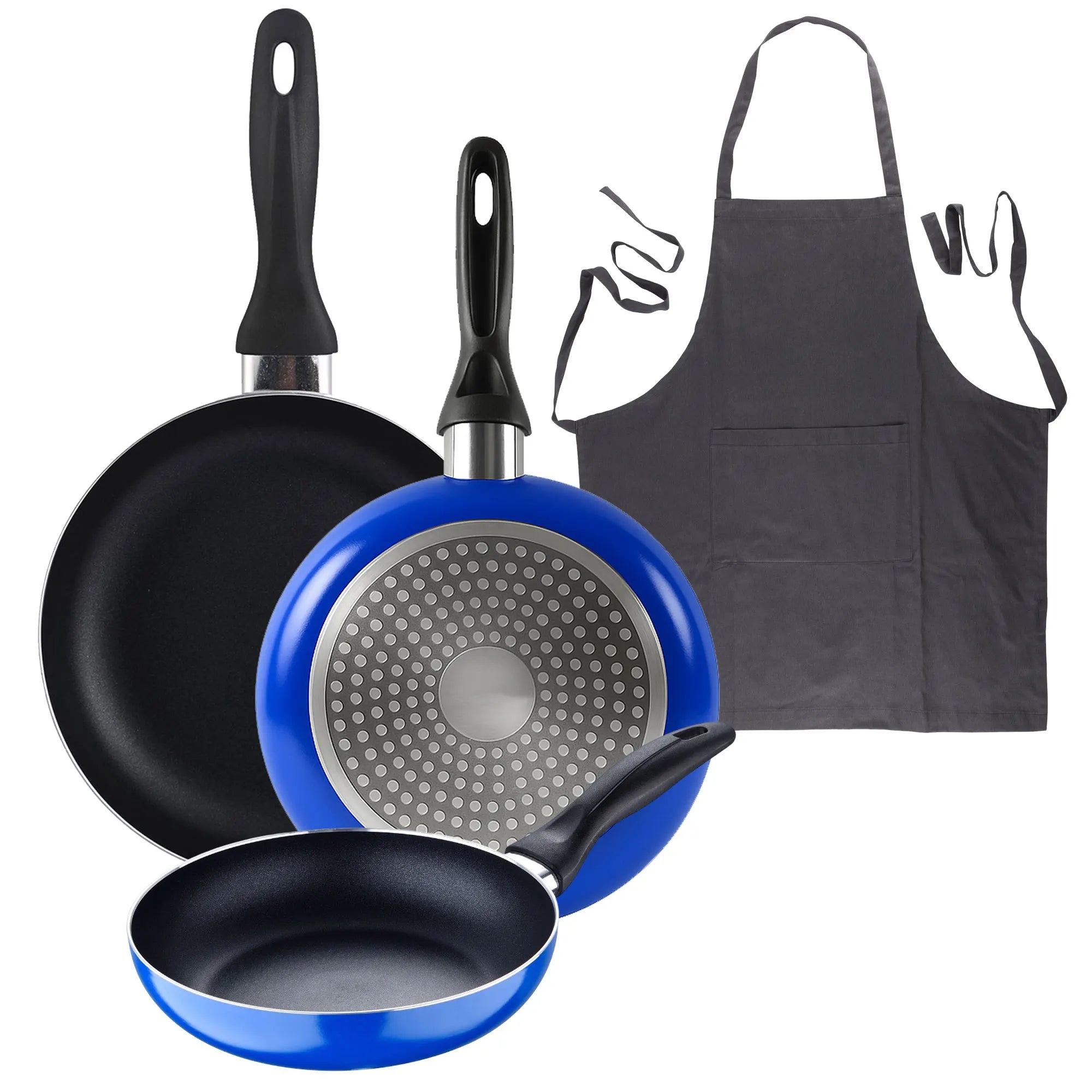 Set of 3 San Ignacio frying pans (16+20+24cm) pressed aluminum blue + Dark Grey Kitchen Apron 100% Cotton 75x80cm