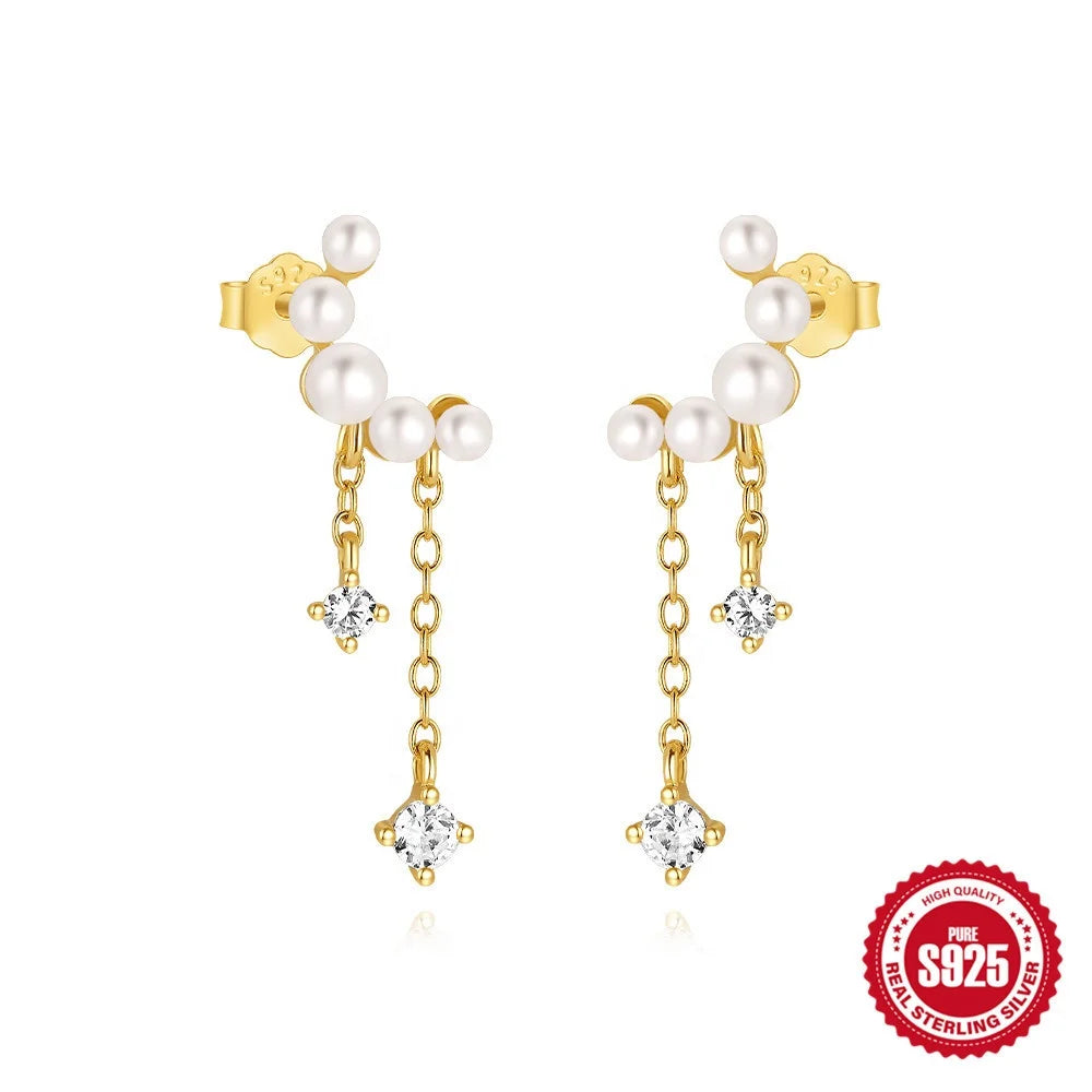 Glowluxe Luxury S925 Sterling Silver Drop Earrings Hot Selling Heart Moon Zircon Fashion Chain Stud with Gold Plating