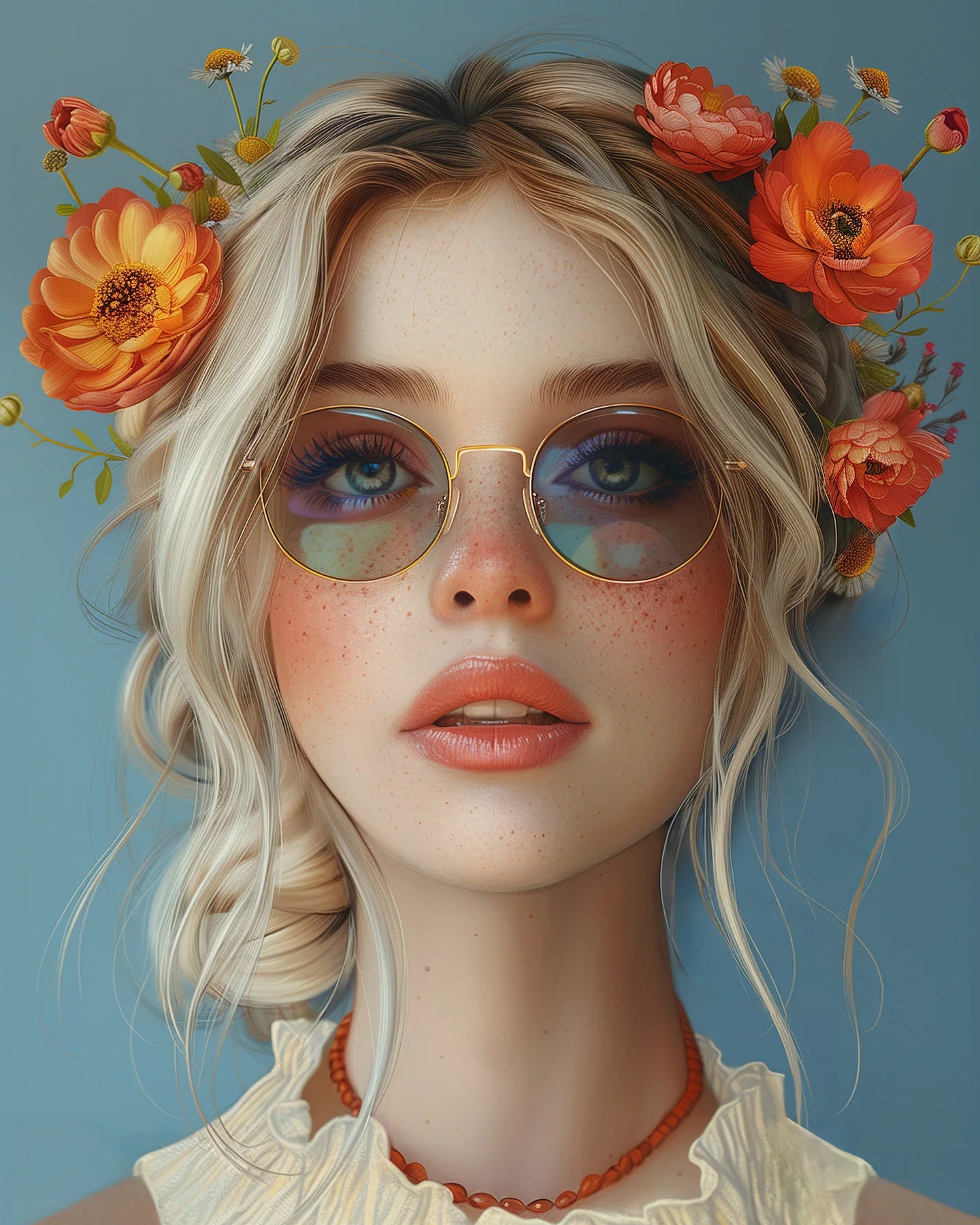 Modern Hanging Wedding Wall Mural-Made in Germany Canvas Flowergirl Art in Blue and Orange with Wooden Stretcher Frame