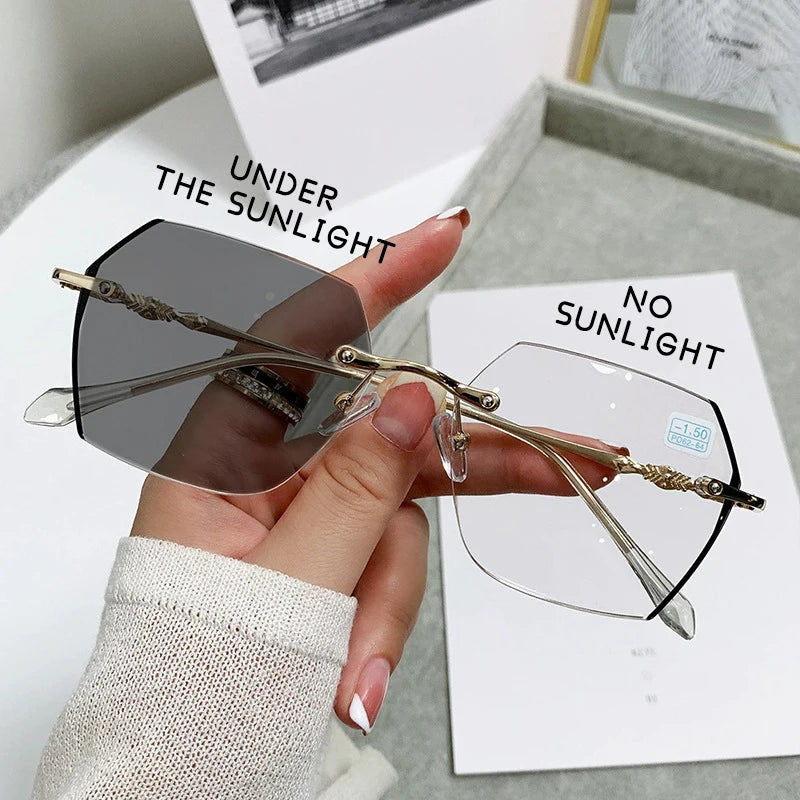Wholesale Fashion Women Alloy Frame Anti Blue Light Glasses Rimless Square Photochromic Eyeglasses for Lady