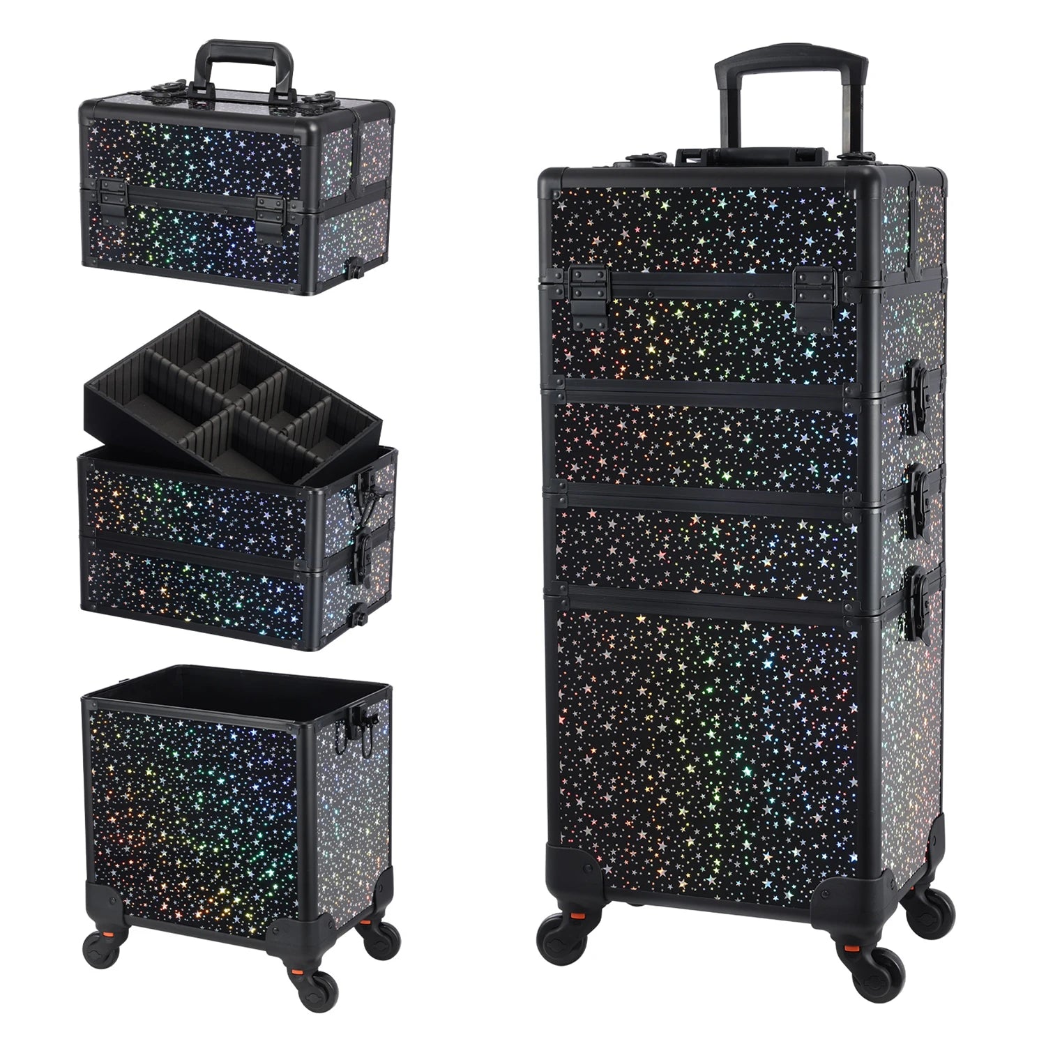 Professional 4-in-1 Rolling Makeup Case Portable Large Storage Salon Barber Traveling Cart Trunk Diamond Makeup Artist Tool