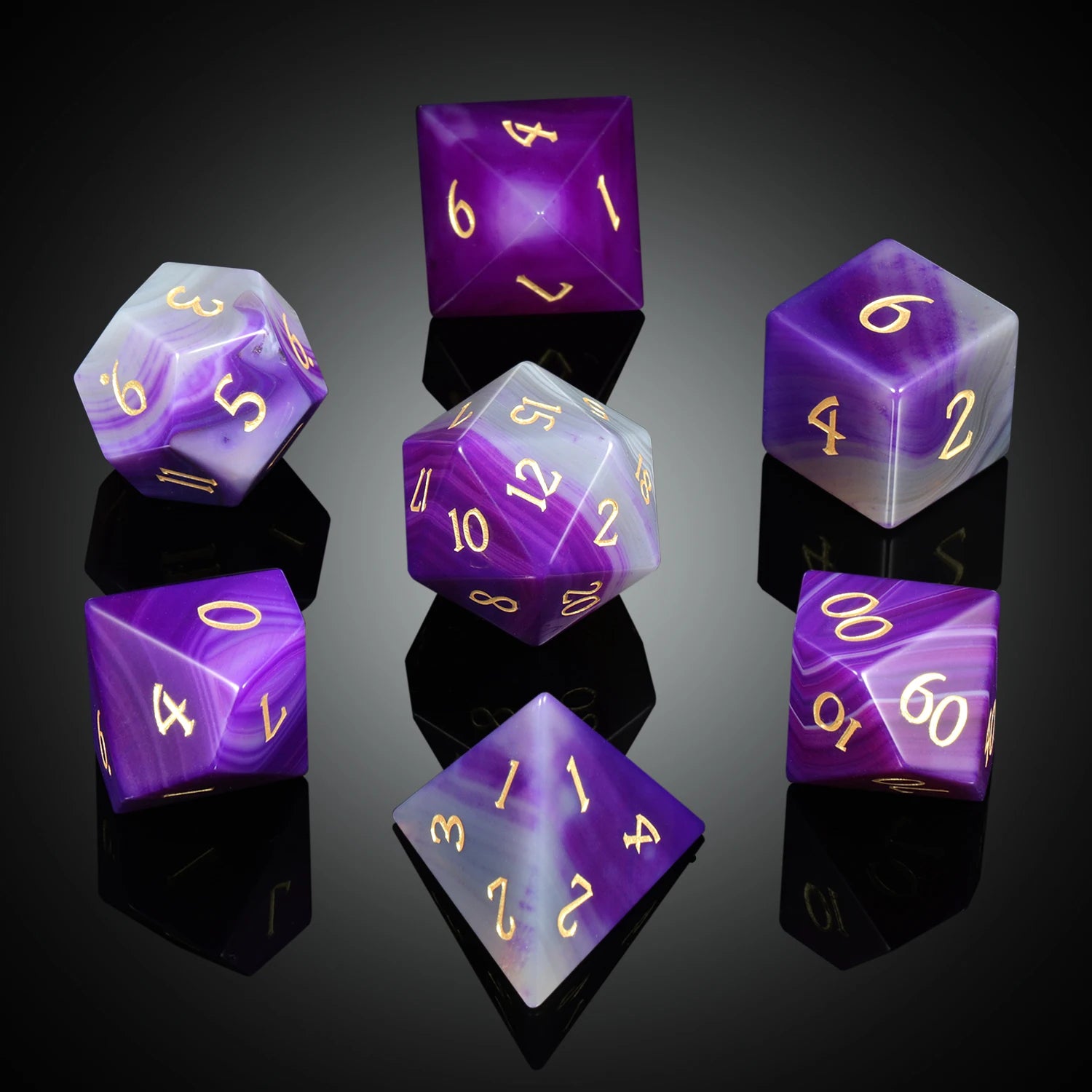 Custom Agate Natural Stone D&D Dice Set 16mm Purple Polyhedral Metal Box for TTRPG Games