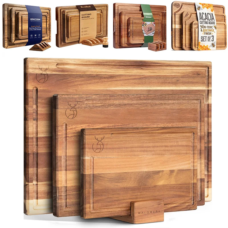Factory Price Customized Kitchen Accessories Solid Acacia Wood Cutting Board With Juice Groove Wooden Chopping Boards Set Wooden MegaBDM