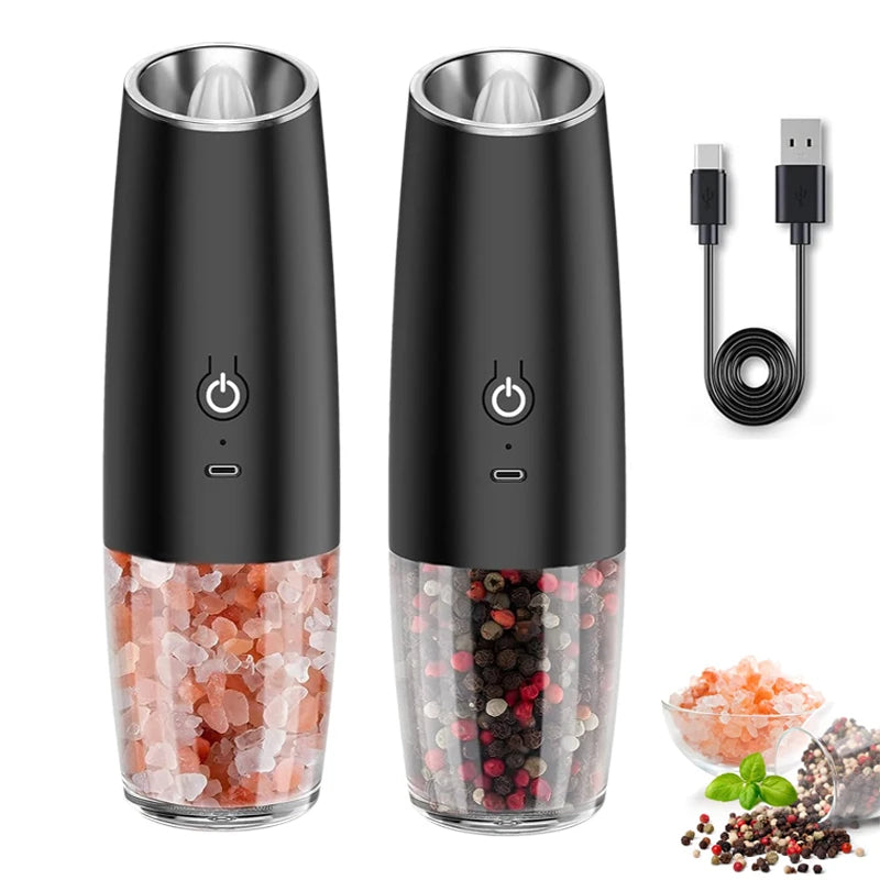 Automatic Type-c USB Pepper Mill with LED Light Adjustable Custom Rechargeable Gravity Black Electric Salt and Pepper Grinder