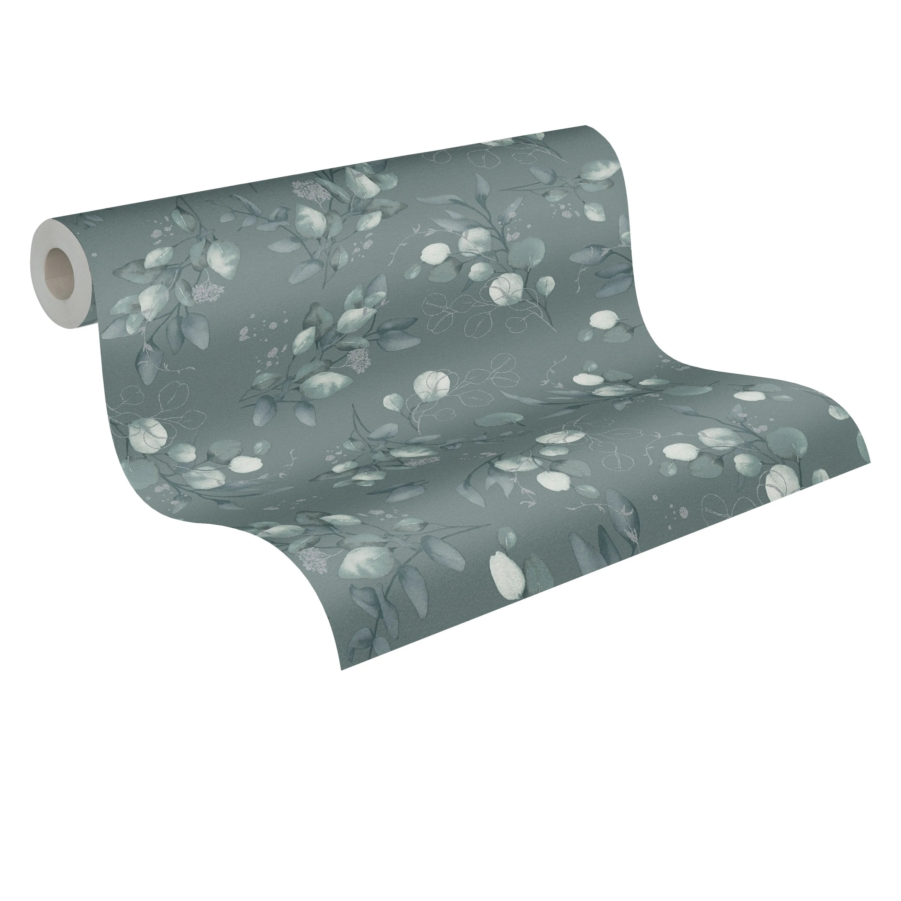 Made in Germany - Wallpaper rolls Floral Green Silver - Non Woven- Modern Wallpaper Leaves for Walls - 1005 x 053 m