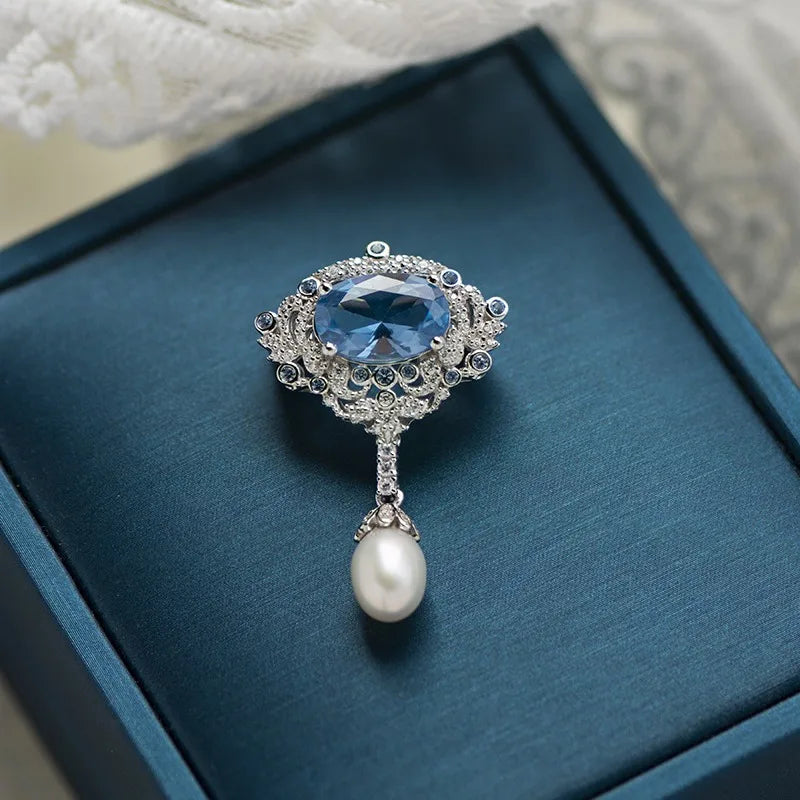 Vintage 925 Sterling Silver Brooch Blue Spinel Zirconia Brooches Freshwater Pendant Brooch