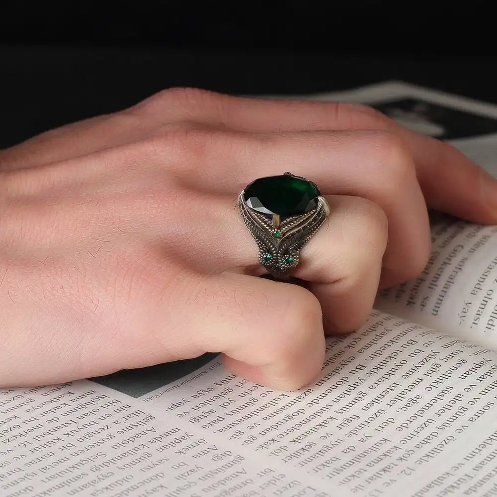 Azuris Turkish 925 Sterling Silver Men's Ring Fine Ottoman Style Jewelry Natural Stone Black VALKH1380