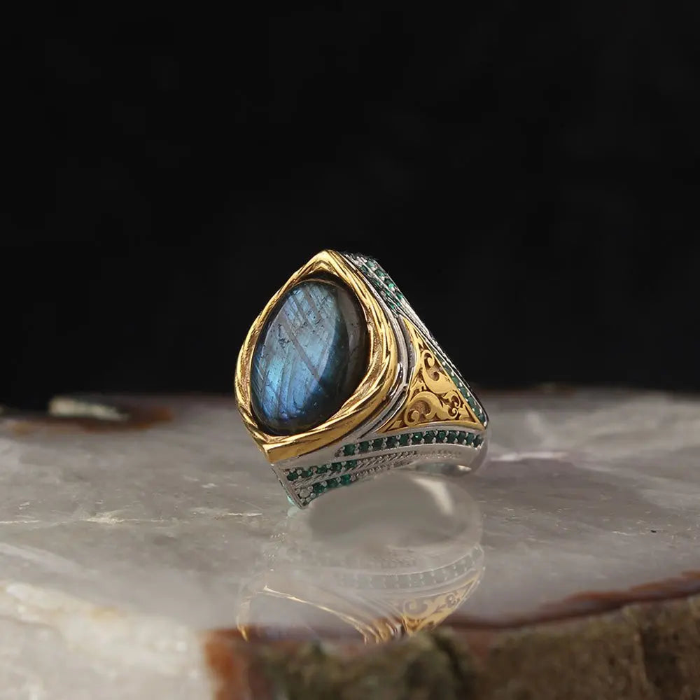 Cool 925 Sterling Silver Ottoman Style Men's Ring with Rhodium & Gold Bi-Color Plating Turkey Model RCEGYT-787