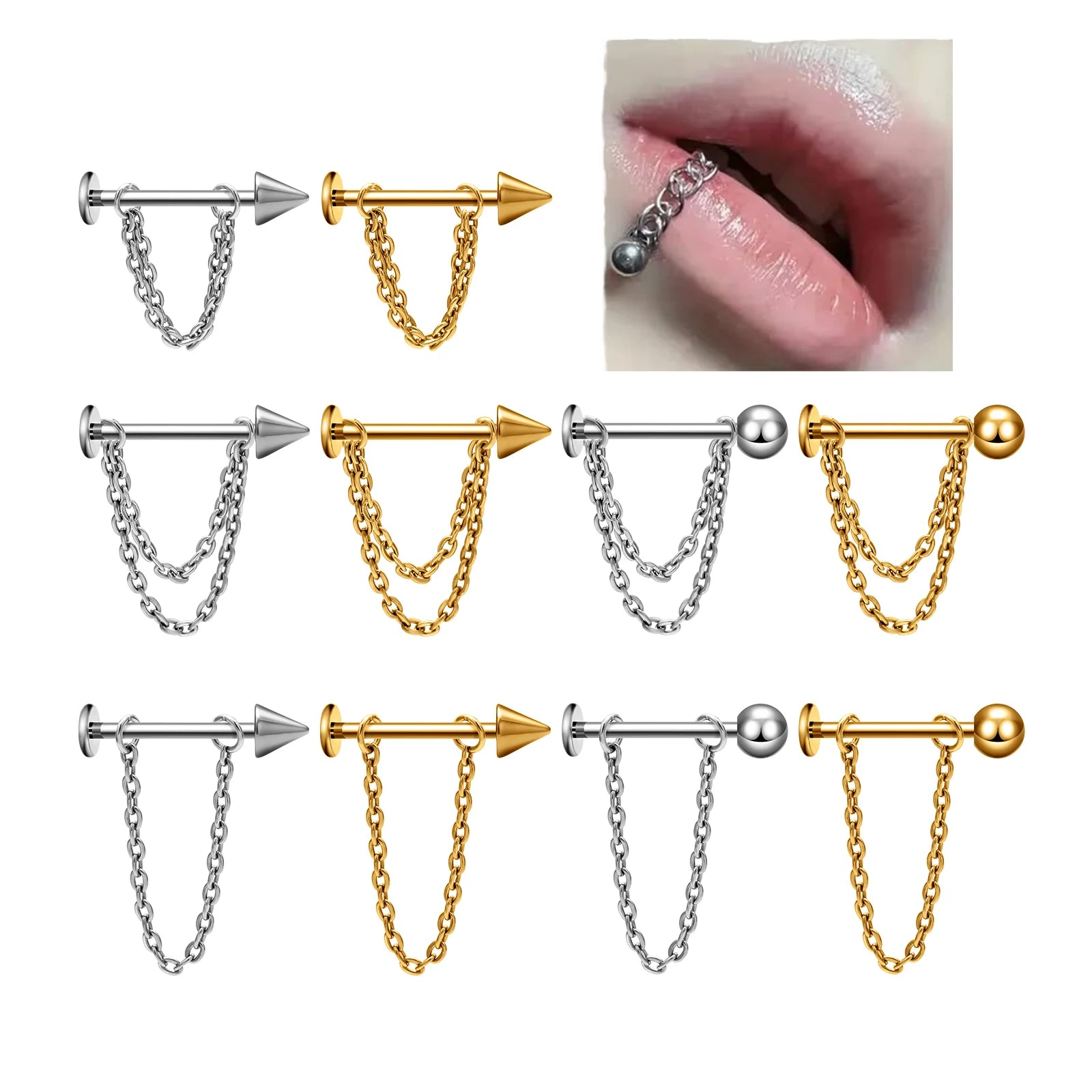 G23 Titanium Labret Lip Studs 16G Nipple Ring Dangle Chain Helix Cartilage Tragus Conch Earrings Piercing Body Jewelry