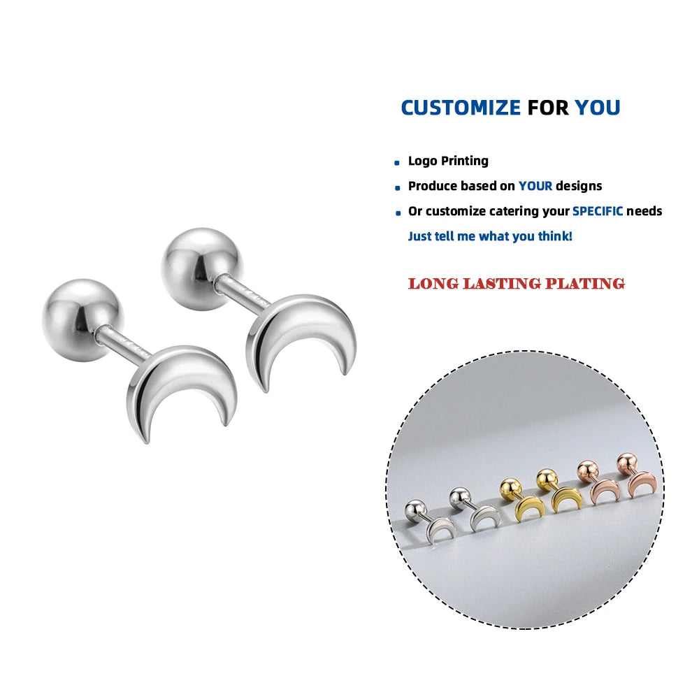 LE111 925 Sterling Silver Fashion Simple Moon Beads Small Stud Earrings for Women Teen Piercing Jewelry Accessories