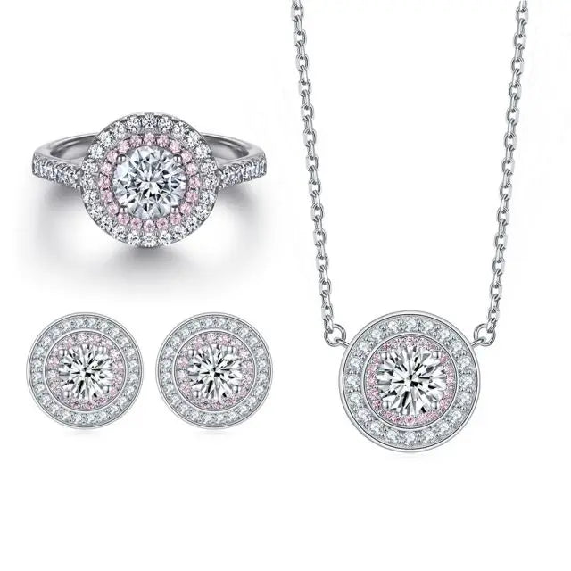 Sterling Silver Round Cubic Zirconia Crystal Bridal Ring Pendant Necklace Earrings Set for Wedding Bride Bridesmaids