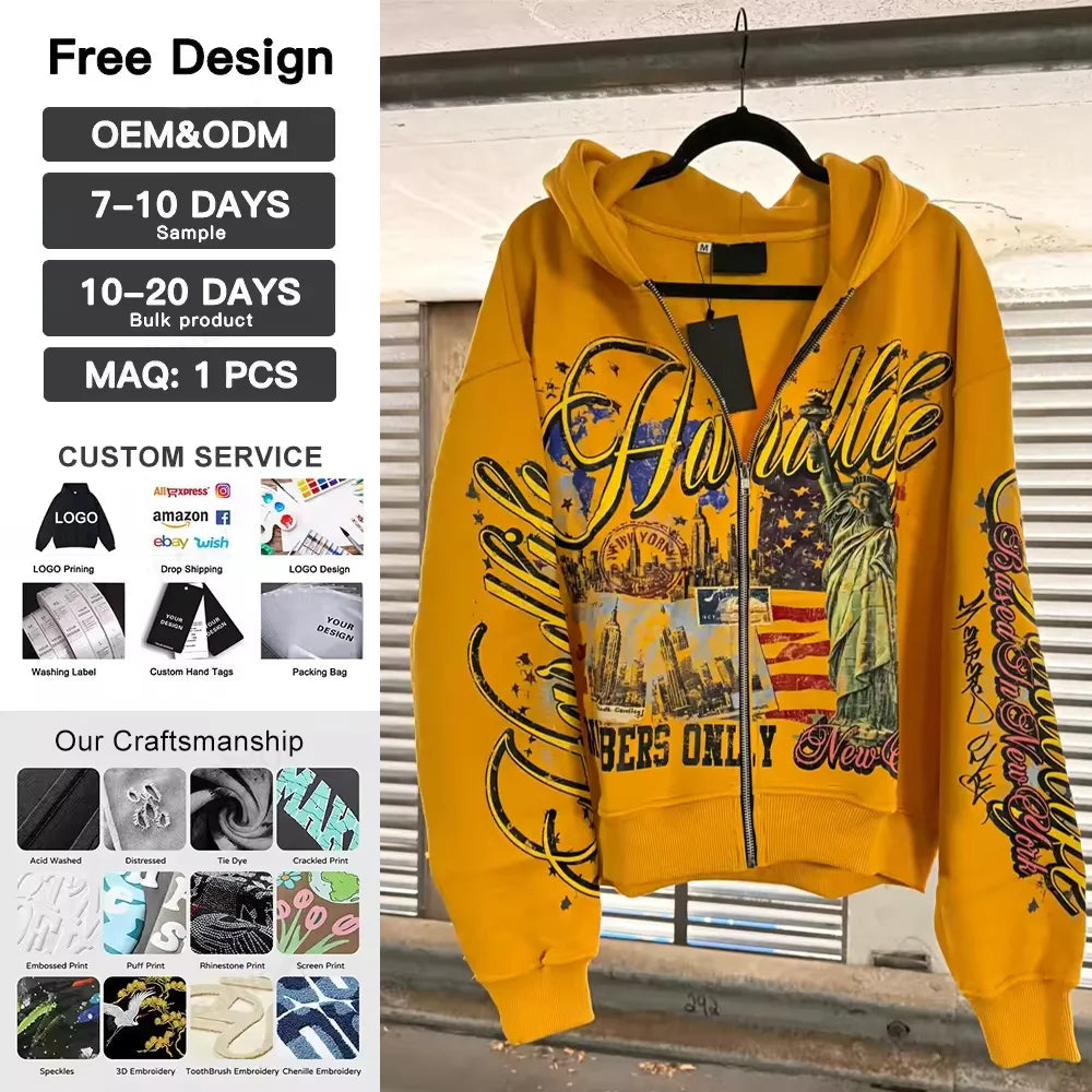 Hoodie Manufacturer Custom Full Print Graphic Cotton Fleece Streetwear Acid Washed Oversize Baggy Zip up Hooded Cropped Hoodie MegaBDM