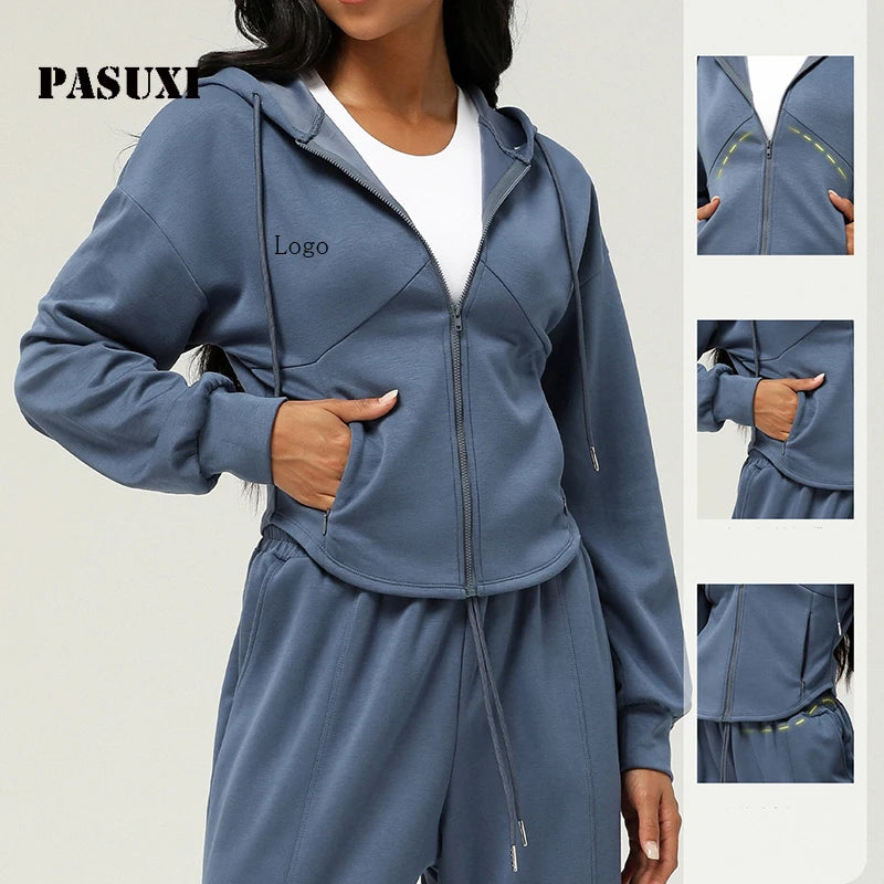 PASUXI Women Hooded Zipper Cardigan Athletic Fleece Jacket Yoga Sweatshirt Loose Fit Casual Sportswear