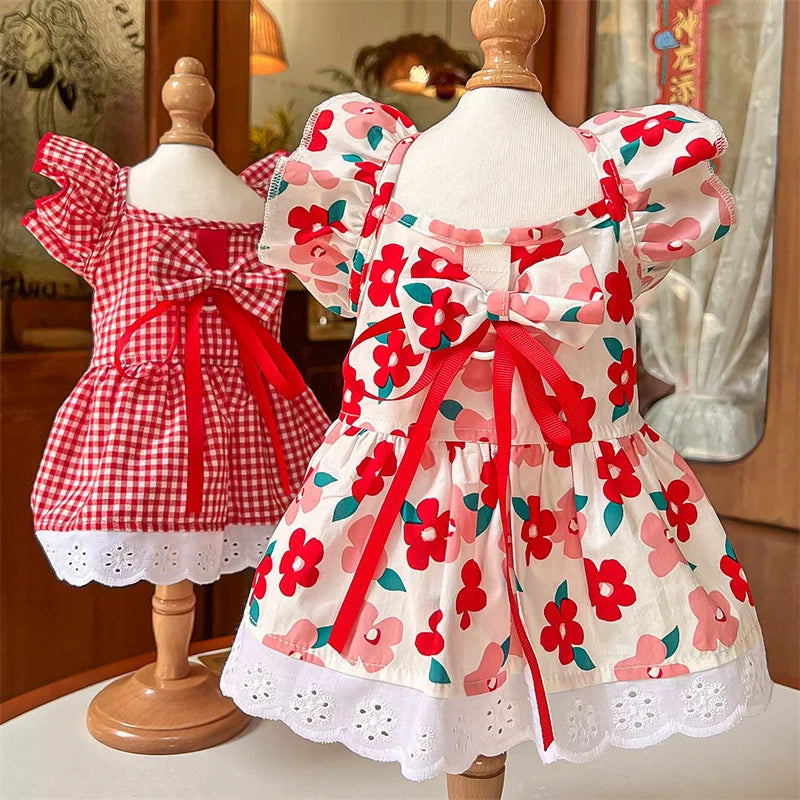 Kangdarpet Summer Pet Cat Dress Clothes for Dogs and Cats Floral Bow Dog Dresses With Traction Ring Pet Shirt Cat Skirt