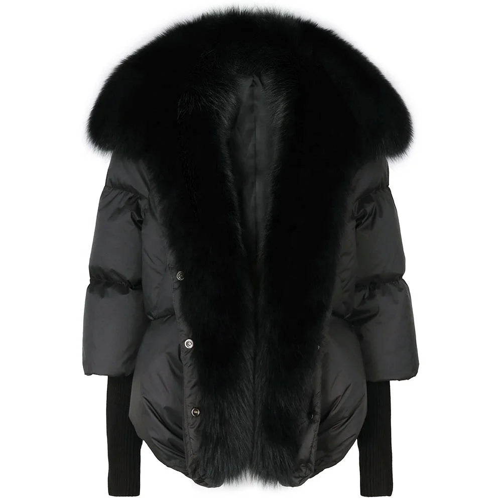 Custom Quilted Women's FUR-Trimmed Down Puffer Coat Real Fur Collar Down Jacket