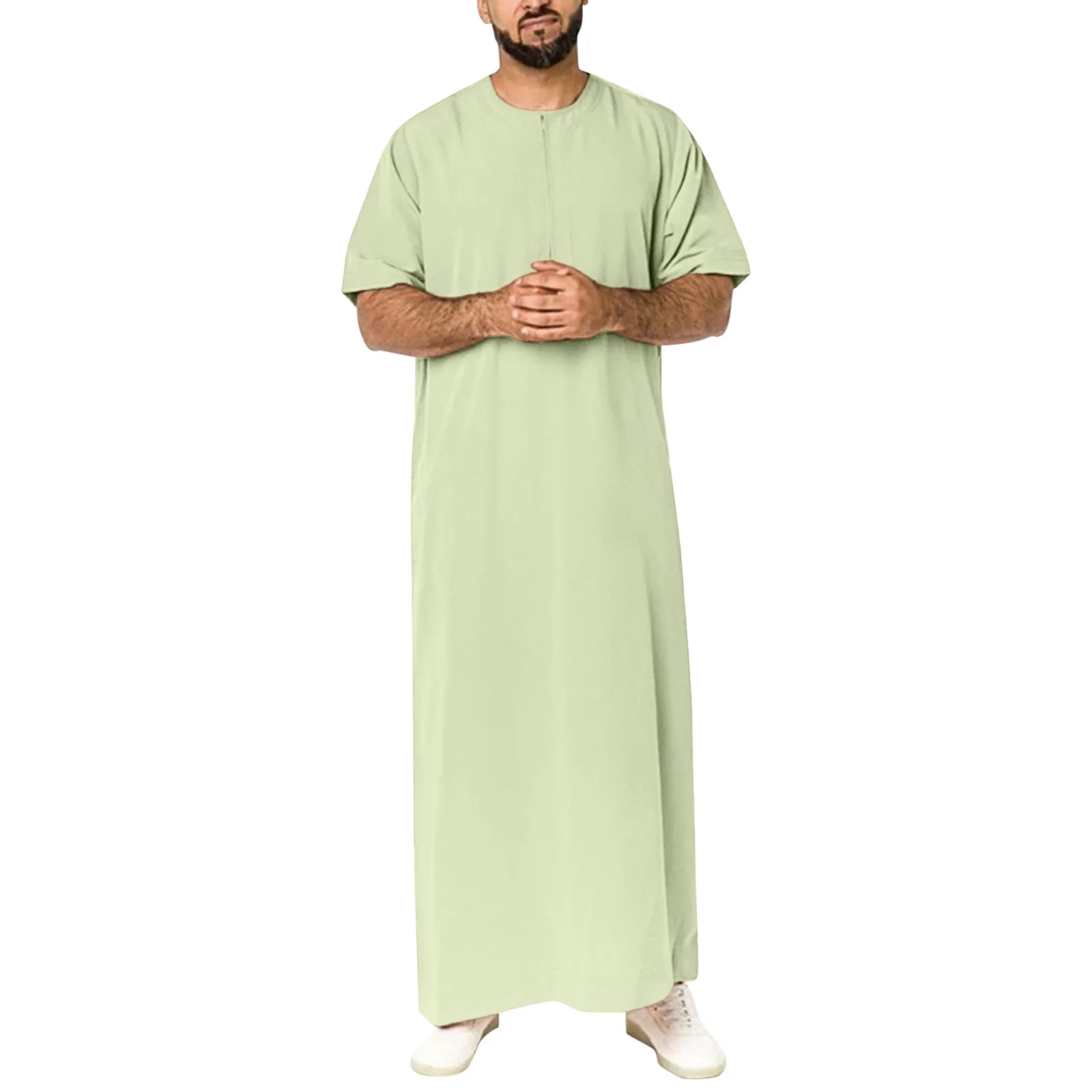 Men's Muslim Clothing Arab Ramadan Robe Crewneck Long Gown Islamic Thobe Solid Short Sleeve Henley Shirts