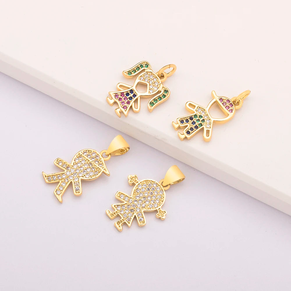 QIKU Wholesale Cute Small Boy and Girl Charms Colorful Clear CZ Pendants for Diy Jewelry Necklace Making