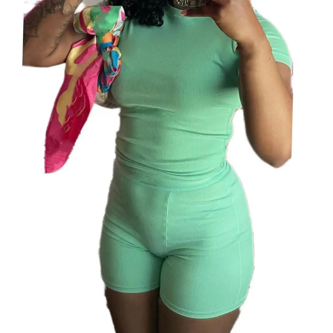 Summer Polyester Ribbed Knit Mint Green Short Sleeve T Shirt and Shorts 2 Two Piece Lounge Wear Dupe Set Outfit Women's Clothing