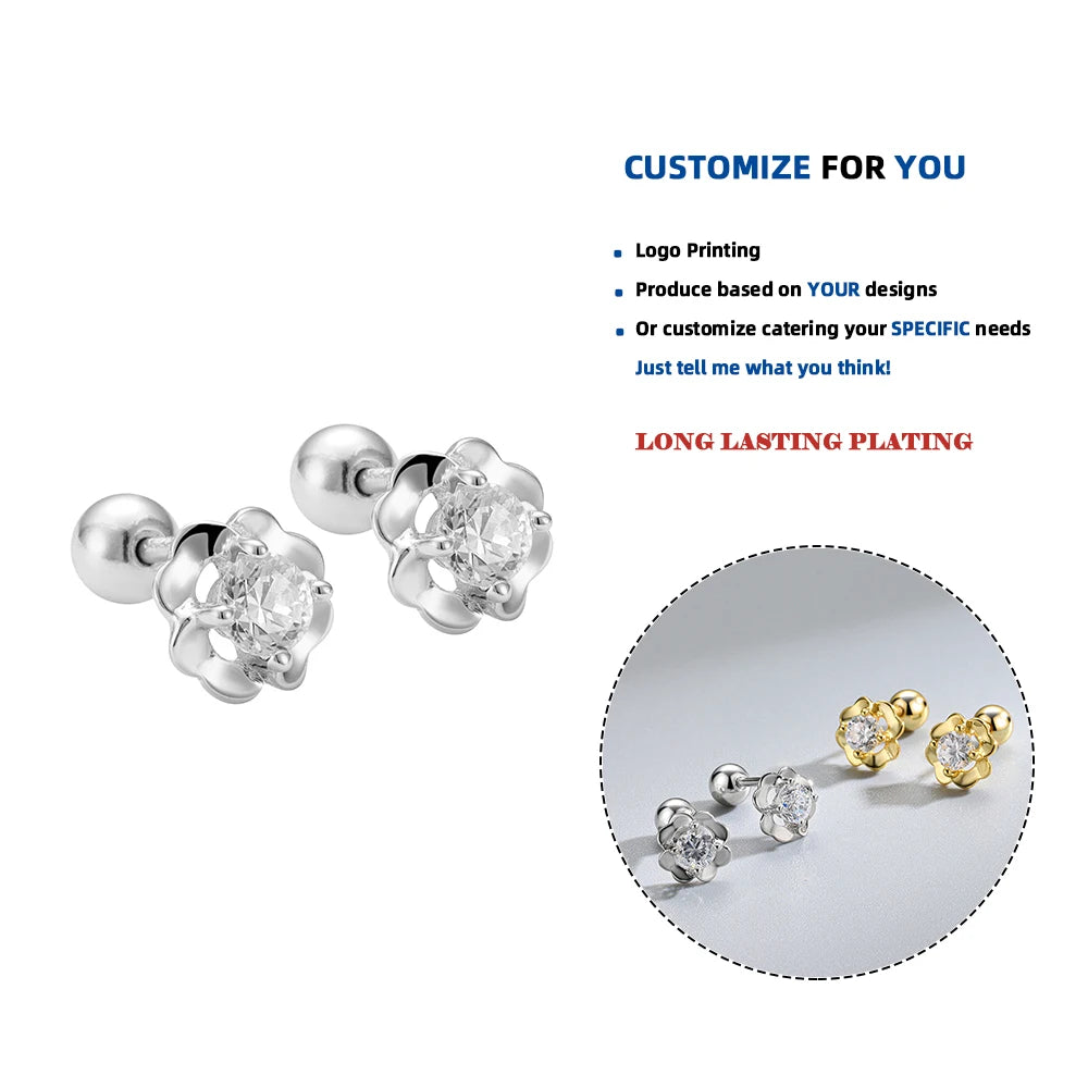 LE131 925 Sterling Silver Tiny Geometric Flower Cz Minimalist Vintage Fashion Fine Jewelry Gold Plated Screw Back Earring Women