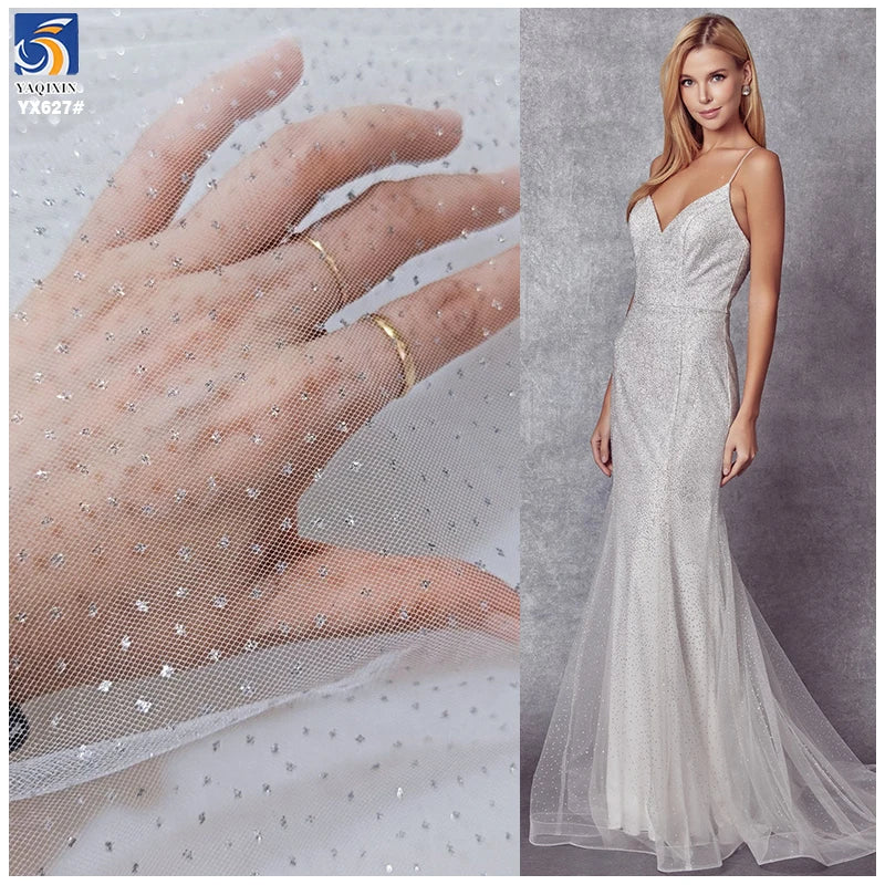 YX627 Non-Falling Silver Sparkle Glitter Wedding Dress Fabric 100% Nylon Glitter Tulle Mesh Fabric for Bride MegaBDM