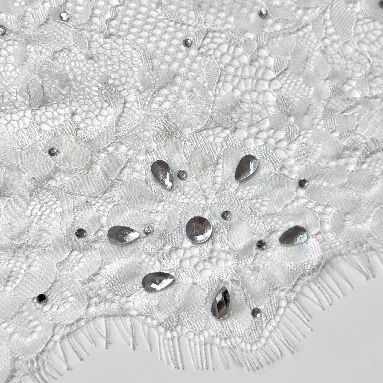 White French Lace Fabric Soft Feel Wedding Dress Base Veil Flower Lace Accessories with Mixed Size Rhinestones