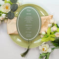 Elegant Oval Shape Green Theme Acrylic Table Menu With Printed Featuring and Tassel Decoration for Wedding Event