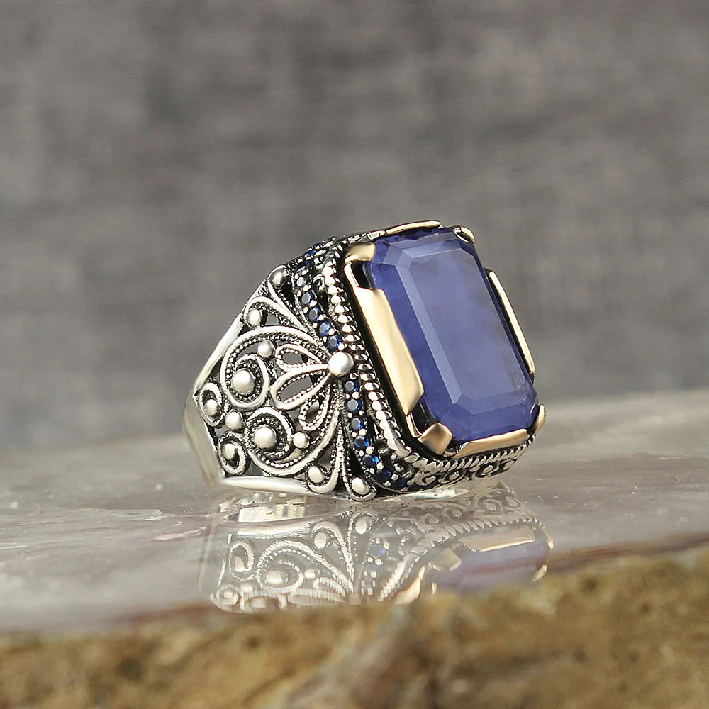 Luxury 925 Sterling Silver Oval Cut Zircon Bezel Setting Vintage Men's Wedding Ring Gemstone Rings Customizable Party