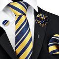 Luxury Tie Set Brown Gold Striped Tie Square Scarf Cufflinks Brooch Set Men Suit Accessories Fit Business Wedding Festival