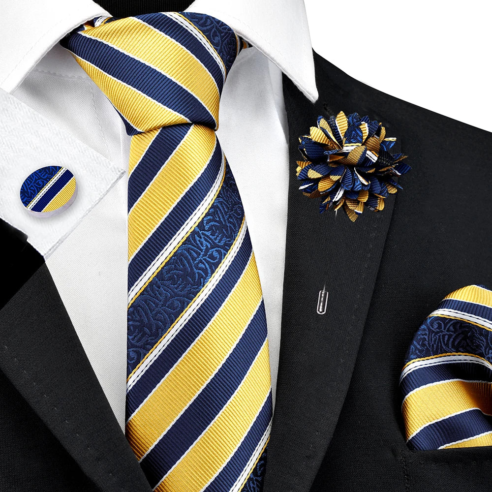 Luxury Tie Set Brown Gold Striped Tie Square Scarf Cufflinks Brooch Set Men Suit Accessories Fit Business Wedding Festival