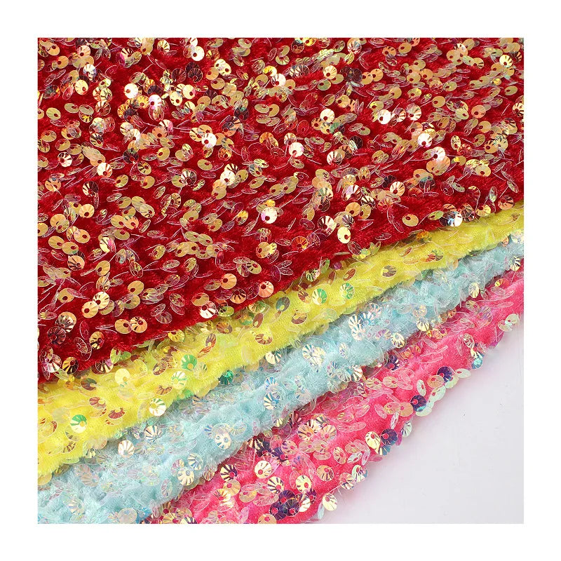 Shell Sequins White Pink Red Gold Sunflower Embroidery Fabrics Luxury Customize Wedding Party Stage Dress Velvet Fabrics