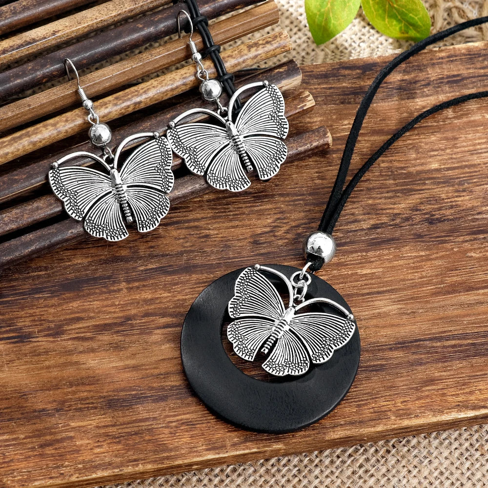 Vintage Butterfly Drop Dangle Earrings and Necklace Set Fashion Retro Silver Earrings Bohemian Long Chain Jewelry for Women