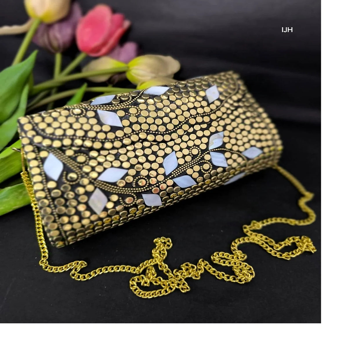 Custom Made Handmade Lightweight Durable Metal Mosaic Waterproof Portable Women Clutch Handbag Geometric Tiles Button Closure MegaBDM