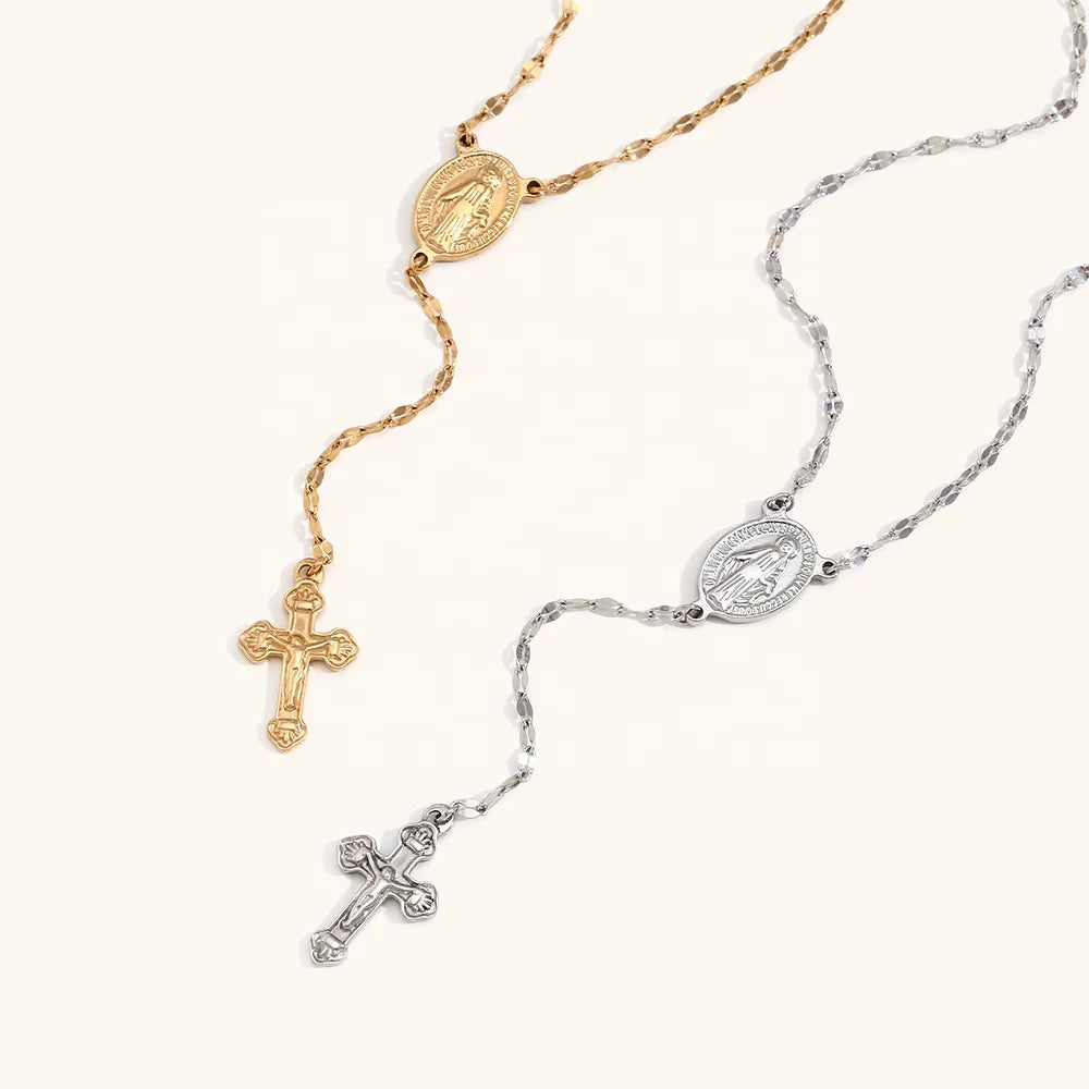 Dingran New Design Stainless Steel 18K Gold Plated Virgin Mary Cross Pendant Y Shape Necklaces