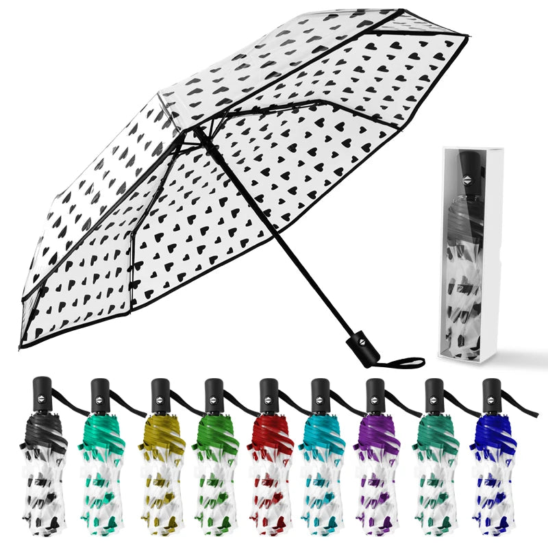 Full Automatic Folding Transparent Auto Open Close Umbrella Tri-fold Clear Rain Umbrella With Frosted Handle Windproof