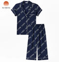 Comfortable Elegant Blue Custom Pajama Sets Solid Colors Cotton Material Winter Elastic Waist Knitted V-neck Short Sleeves Women