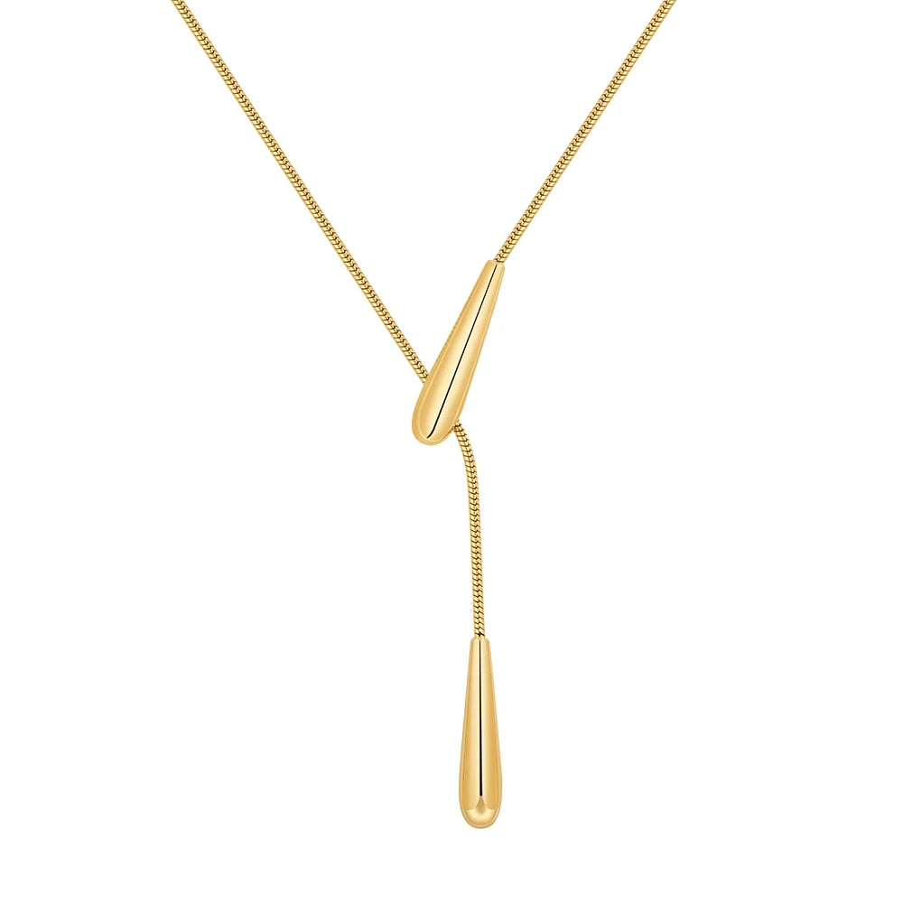 Latest 18K Gold Plated Stainless Steel Jewelry Round Snake Chain Water Drop Pendant Necklace Hypoallergenic Necklace P243457