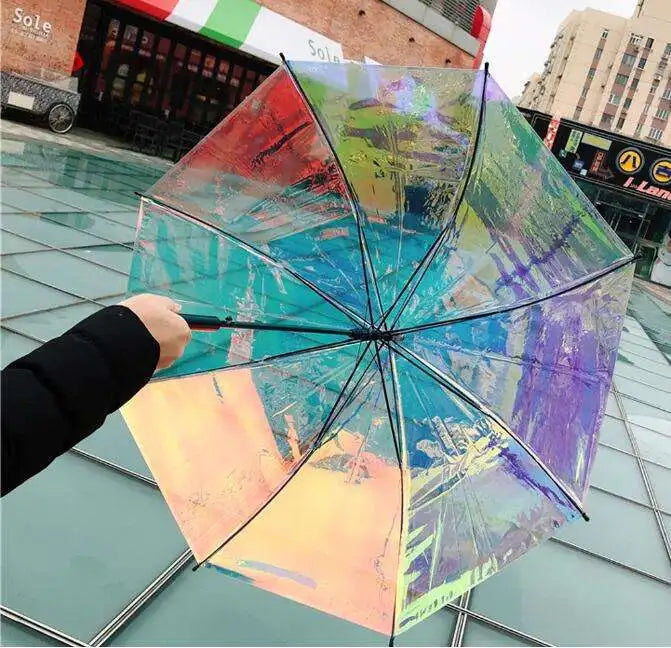 New Design Customized Colorful Transparent Straight Umbrella 23 Inch Semi-automatic Shining Rainbow Film Clear Umbrella