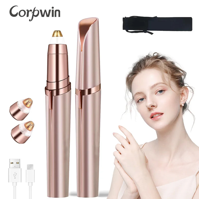 2 in 1 Home Electric Epilator Shaver Women Face Beauty Painless Facial Hair Removal Electric Eyebrow Trimmer with Led Light
