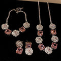 Luxurious Princess Pink Rose Petal Small Square Zircon with Copper Alloy Party Ring Earrings Necklace Set