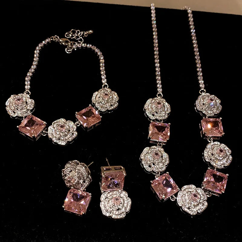Luxurious Princess Pink Rose Petal Small Square Zircon with Copper Alloy Party Ring Earrings Necklace Set