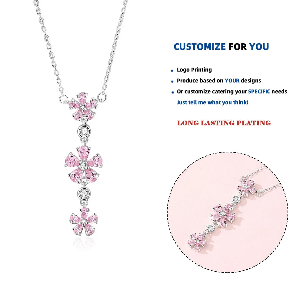 FDXZ-178 S925 Silver Tassel Plum Blossom Necklace for Women Pink Zircons Original Design Premium Peachy Flowers 45cm Choker