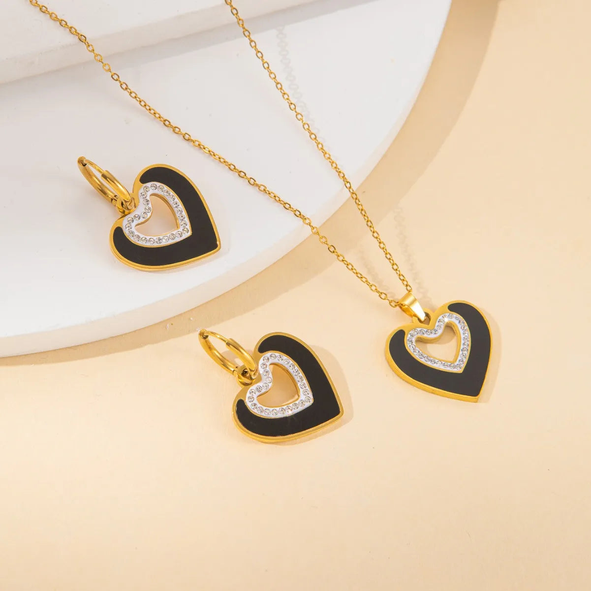 Fenyi Wholesale Jewelry Exquisite Simple Titanium Steel Retro Fashionable Double Heart White Diamond Necklace Earrings Set